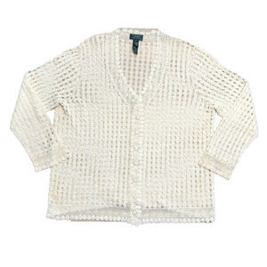 Ralph Lauren LRL Crochet Button Cardigan Womens 3X Cream Net Openwork Sweater